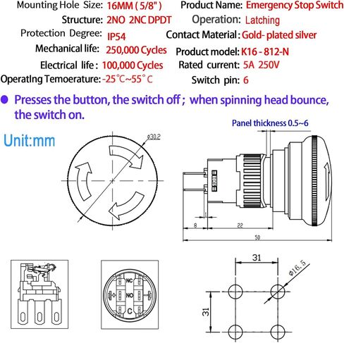16mm 0.63" Red Mushroom Emergency Stop Push Button Switch DPDT 6 Pin Big Head 30mm Latching with Anti-Collision Protective Cover in Saudi Arabia