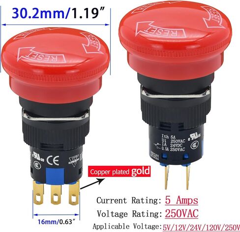 16mm 0.63" Red Mushroom Emergency Stop Push Button Switch DPDT 6 Pin Big Head 30mm Latching with Anti-Collision Protective Cover in Saudi Arabia