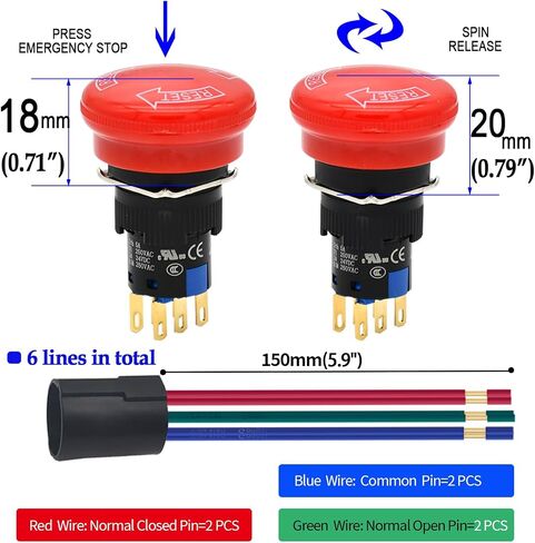 16mm 0.63" Red Mushroom Emergency Stop Push Button Switch DPDT 6 Pin Big Head 30mm Latching with Anti-Collision Protective Cover in Saudi Arabia