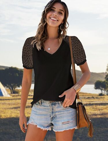 Women's Summer Lace Short Sleeve V Neck Tops Shirt Loose Casual Waffle Tee Blouse Black in Saudi Arabia