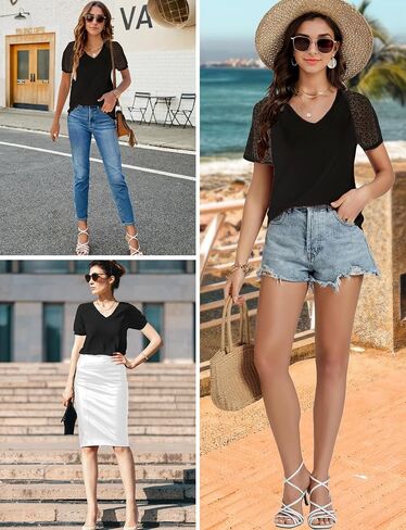 Women's Summer Lace Short Sleeve V Neck Tops Shirt Loose Casual Waffle Tee Blouse Black in Saudi Arabia