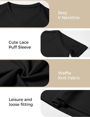 Women's Summer Lace Short Sleeve V Neck Tops Shirt Loose Casual Waffle Tee Blouse Black in Saudi Arabia