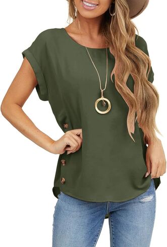 Orchidays Womens Casual Short Sleeve Tops Dressy Crew Neck Side Button Shirts Blouse in Kuwait