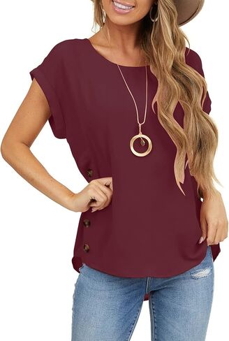 Orchidays Womens Casual Short Sleeve Tops Dressy Crew Neck Side Button Shirts Blouse in Kuwait