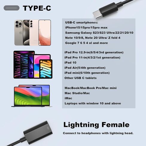 محول USB C ذكر إلى Lightning Female 2-PACK، محول سماعة رأس USB C إلى Lightning للصوت متوافق مع سلسلة iPhone 15 وiPad Pro وMacBook Pro وغيرها، كما يدعم الشحن والبيانات. in Saudi Arabia
