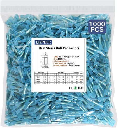 1000 Pcs Blue Heat Shrink Butt Connectors, 16-14 AWG Waterproof Electrical Crimp Wire Splice for Marine, Cable, Wiring in Saudi Arabia