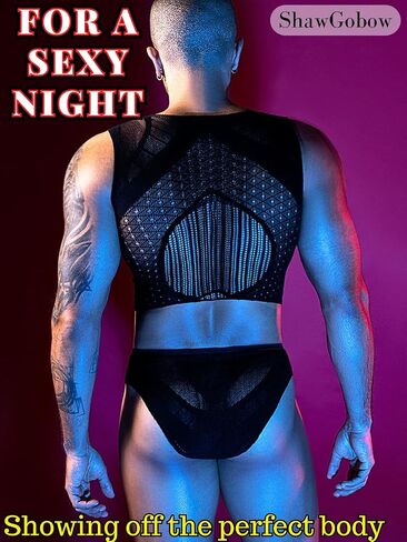 شبكة المحاصيل قمم تانك للرجال، محض شبكة صيد السمك الجوف خارج مثير أعلى وسراويل داخلية مجموعة، 2 قطعة ملابس الهذيان تاريخ النادي الليلي ملابس رقص غريبة أسود مقاس واحد يناسب الجميع in Saudi Arabia