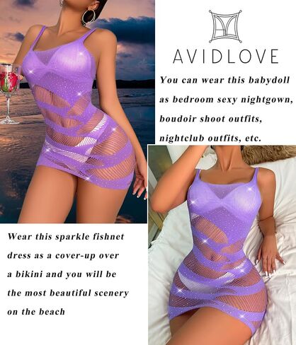 Avidlove Womens Lingerie Fishnet Babydoll Dress Cut Out Mesh Chemise Sparkle Swimming Cover Up(Free Size) in Saudi Arabia