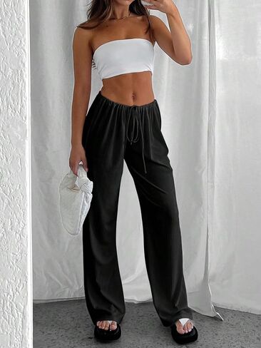 MakeMeChic Women's Casual Drawstring Elastic Waist Straight Leg Lounge Pants Loose Trousers in Saudi Arabia