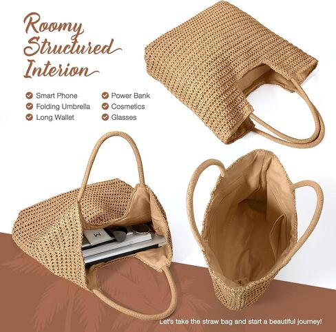 حقيبة Hommtina Straw Bag للسيدات من القش على الشاطئ وحقائب كتف طويلة تمر بالجسم ومحفظة للعطلات ومحفظة من القش للصيف in Kuwait