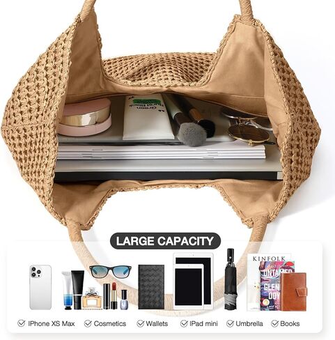حقيبة Hommtina Straw Bag للسيدات من القش على الشاطئ وحقائب كتف طويلة تمر بالجسم ومحفظة للعطلات ومحفظة من القش للصيف in Kuwait