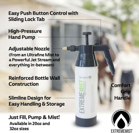 مستر الخيول عالي الأداء من ExtremeMIST - بخاخ مضخة محمول باليد - زجاجة رش ثابتة محمولة للعناية بالخيول - رذاذ مستمر عالي الضغط للغاية لتصفيف الخيول وبخاخات الطيران - (32 أونصة) in Kuwait