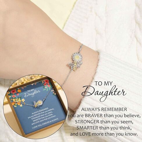 to My Daughter Bracelet, Sterling Silver Bee Bracelet for Daughter, Daughter Gifts from Mom, Birthday Mother's Day Gift, Graduation Back to School Gifts for Girls in Kuwait