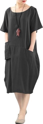Minibee Women's Linen Tunic Dress Summer Short Sleeve Casual Kaftan Flowy Midi Dresses with Pockets in Saudi Arabia