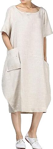 Minibee Women's Linen Tunic Dress Summer Short Sleeve Casual Kaftan Flowy Midi Dresses with Pockets in Saudi Arabia