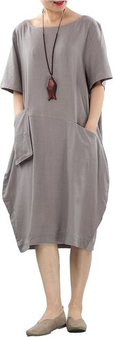 Minibee Women's Linen Tunic Dress Summer Short Sleeve Casual Kaftan Flowy Midi Dresses with Pockets in Saudi Arabia