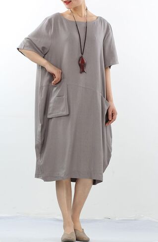 Minibee Women's Linen Tunic Dress Summer Short Sleeve Casual Kaftan Flowy Midi Dresses with Pockets in Saudi Arabia
