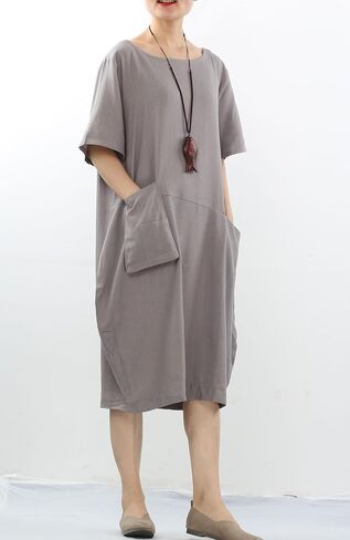 Minibee Women's Linen Tunic Dress Summer Short Sleeve Casual Kaftan Flowy Midi Dresses with Pockets in Saudi Arabia