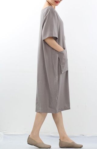 Minibee Women's Linen Tunic Dress Summer Short Sleeve Casual Kaftan Flowy Midi Dresses with Pockets in Saudi Arabia