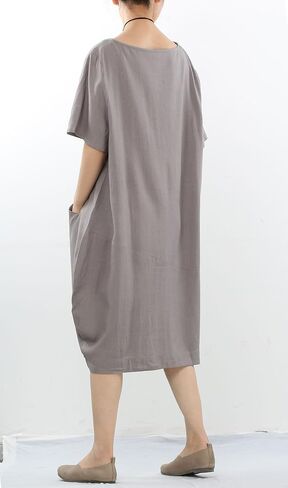 Minibee Women's Linen Tunic Dress Summer Short Sleeve Casual Kaftan Flowy Midi Dresses with Pockets in Saudi Arabia