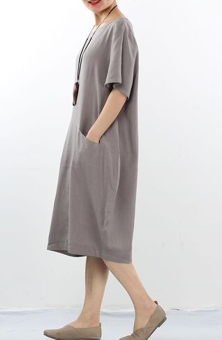 Minibee Women's Linen Tunic Dress Summer Short Sleeve Casual Kaftan Flowy Midi Dresses with Pockets in Saudi Arabia