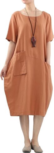 Minibee Women's Linen Tunic Dress Summer Short Sleeve Casual Kaftan Flowy Midi Dresses with Pockets in Saudi Arabia