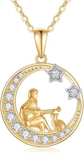 14K الصلبة الذهب فتاة والكلب والقط تحت القمر قلادة ستار القلائد للنساء القلائد الذهب الأصفر للزوجة صديقة in Kuwait