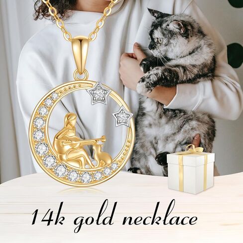 14K الصلبة الذهب فتاة والكلب والقط تحت القمر قلادة ستار القلائد للنساء القلائد الذهب الأصفر للزوجة صديقة in Kuwait