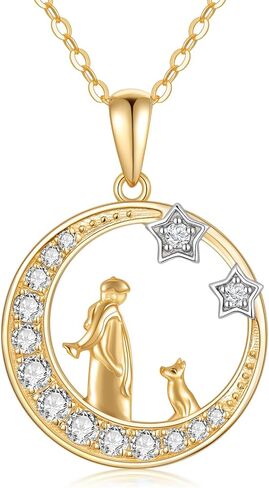 14K Solid Gold Girl and Dog&Cat Under The Moon Necklace Star Necklaces for Women Yellow Gold Necklaces for Wife Girlfriend in Saudi Arabia