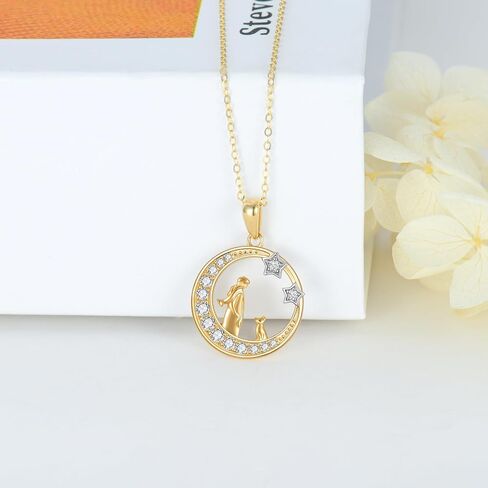 14K Solid Gold Girl and Dog&Cat Under The Moon Necklace Star Necklaces for Women Yellow Gold Necklaces for Wife Girlfriend in Saudi Arabia