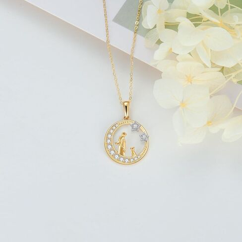 14K Solid Gold Girl and Dog&Cat Under The Moon Necklace Star Necklaces for Women Yellow Gold Necklaces for Wife Girlfriend in Saudi Arabia