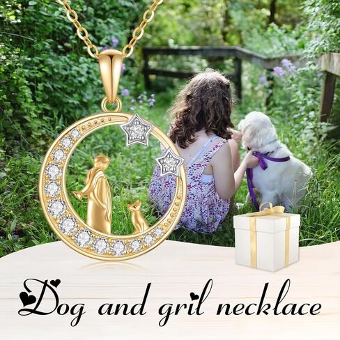 14K Solid Gold Girl and Dog&Cat Under The Moon Necklace Star Necklaces for Women Yellow Gold Necklaces for Wife Girlfriend in Saudi Arabia