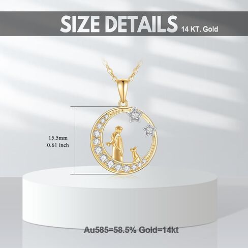 14K Solid Gold Girl and Dog&Cat Under The Moon Necklace Star Necklaces for Women Yellow Gold Necklaces for Wife Girlfriend in Saudi Arabia