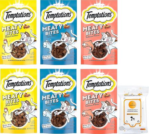 Variety Pack (6) Temptation Meaty Bites Soft & Savory Cat Treats (2) Chicken (2) Salmon (2) Tuna (1.5-oz Each) with AuroraPet Wipes in Saudi Arabia