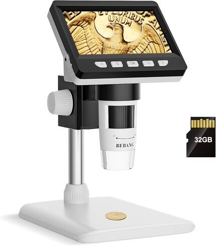 BEBANG 4.3 بوصة LCD مجهر رقمي 1000x للبالغين، مكبر مجهر عملة 1080P مع 8 مصابيح LED قابلة للتعديل، عرض الكمبيوتر الشخصي، متوافق مع نظام التشغيل MacOS Windows، بطاقة SD سعة 32 جيجابايت in Kuwait