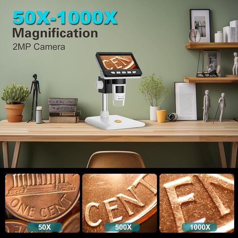 BEBANG 4.3 بوصة LCD مجهر رقمي 1000x للبالغين، مكبر مجهر عملة 1080P مع 8 مصابيح LED قابلة للتعديل، عرض الكمبيوتر الشخصي، متوافق مع نظام التشغيل MacOS Windows، بطاقة SD سعة 32 جيجابايت in Kuwait