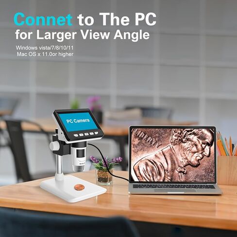 BEBANG 4.3 بوصة LCD مجهر رقمي 1000x للبالغين، مكبر مجهر عملة 1080P مع 8 مصابيح LED قابلة للتعديل، عرض الكمبيوتر الشخصي، متوافق مع نظام التشغيل MacOS Windows، بطاقة SD سعة 32 جيجابايت in Kuwait