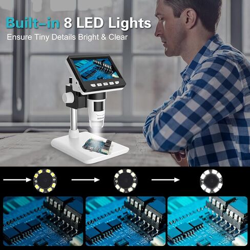 BEBANG 4.3 بوصة LCD مجهر رقمي 1000x للبالغين، مكبر مجهر عملة 1080P مع 8 مصابيح LED قابلة للتعديل، عرض الكمبيوتر الشخصي، متوافق مع نظام التشغيل MacOS Windows، بطاقة SD سعة 32 جيجابايت in Kuwait