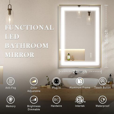 مرآة حمام LED بإطار من LifeSky - مرايا حمام كبيرة مضاءة مضادة للضباب مقاس 60 × 36 بوصة - مرآة زينة بإضاءة أمامية مثبتة على الحائط بإطار ذهبي in Kuwait