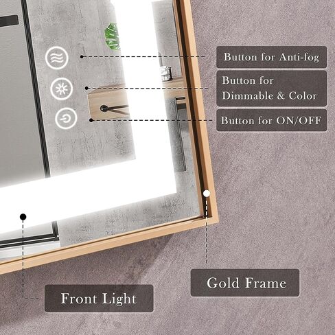 مرآة حمام LED بإطار من LifeSky - مرايا حمام كبيرة مضاءة مضادة للضباب مقاس 60 × 36 بوصة - مرآة زينة بإضاءة أمامية مثبتة على الحائط بإطار ذهبي in Kuwait