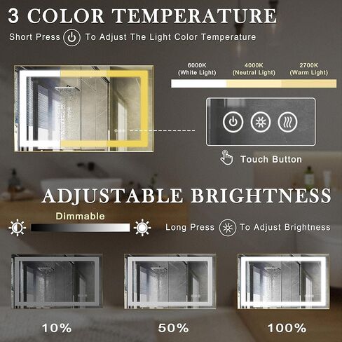 مرآة حمام LED بإطار من LifeSky - مرايا حمام كبيرة مضاءة مضادة للضباب مقاس 60 × 36 بوصة - مرآة زينة بإضاءة أمامية مثبتة على الحائط بإطار ذهبي in Kuwait