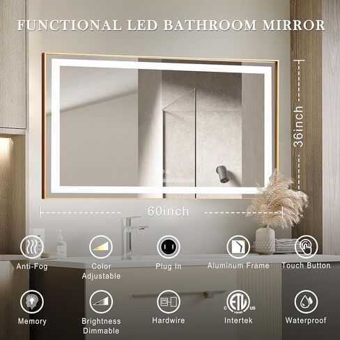 LifeSky Framed LED Bathroom Mirror - 60x36 inch Dimmable Anti Fog Large Lighted Bathroom Mirrors - Wall Mounted Front Lit LED Vanity Mirror Gold Frame in Saudi Arabia