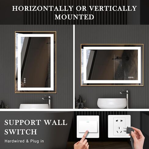 مرآة حمام LED بإطار من LifeSky - مرايا حمام كبيرة مضاءة مضادة للضباب مقاس 60 × 36 بوصة - مرآة زينة بإضاءة أمامية مثبتة على الحائط بإطار ذهبي in Kuwait