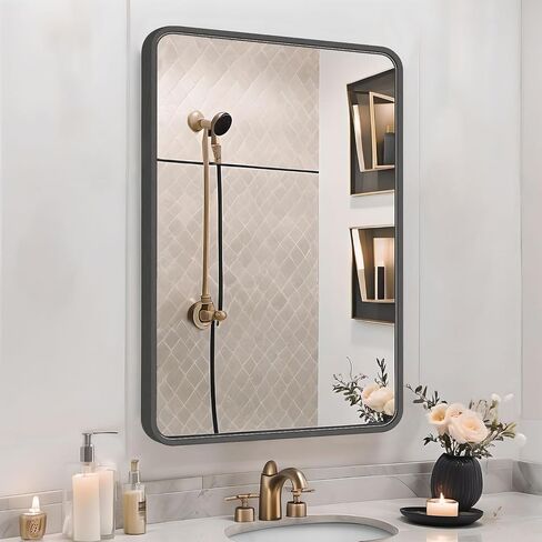 18"x24" Bathroom Mirrors for Over Sink, Black Rectangle Mirror, Rectangular Wall-Mounted Mirrors, Framed Mirror for Wall, Bathroom Vanity Mirror, Black Modern Mirror for Entryway, Fireplace in Saudi Arabia