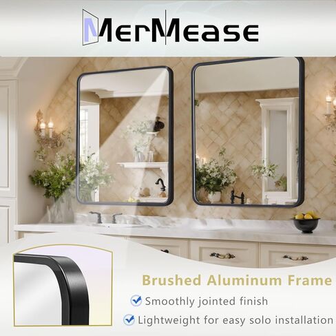 18"x24" Bathroom Mirrors for Over Sink, Black Rectangle Mirror, Rectangular Wall-Mounted Mirrors, Framed Mirror for Wall, Bathroom Vanity Mirror, Black Modern Mirror for Entryway, Fireplace in Saudi Arabia