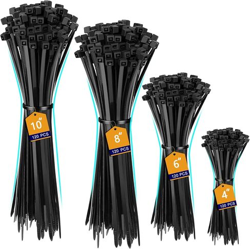 Cable Zip Ties,480 Pack Black Assorted Sizes 10+8+6+4 Inch,Multi-Purpose Self-Locking Nylon Cable Cord Management,Plastic Wire Ties, Black Cable Ties, UV Resistant Wire Ties in Kuwait