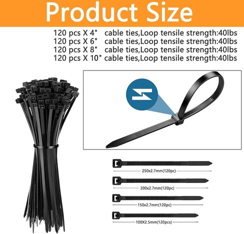 Cable Zip Ties,480 Pack Black Assorted Sizes 10+8+6+4 Inch,Multi-Purpose Self-Locking Nylon Cable Cord Management,Plastic Wire Ties, Black Cable Ties, UV Resistant Wire Ties in Kuwait
