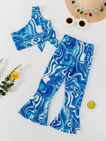 OYOANGLE Girl's 2 Piece Outfits One Shoulder Crop Top and Bootcut Flare Leg Pants Set in Saudi Arabia