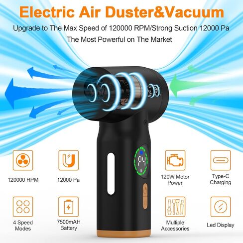 VNPONV Compressed Air Duster, 120000RPM Electric Air Duster & Vacuum Cleaner 2 in 1 Rechargeable 7600mAh Cordless, Keyboard and Computer Cleaner, Replaces Compressed Air Cans in Saudi Arabia