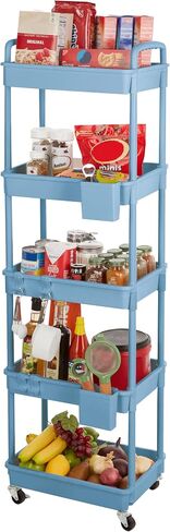 Inspired Living 5-Tier Plastic Rolling Utility Cart with Handle, Lockable Caster Wheels 2 Bins 3 Hanging Baskets & 4 Hooks, Multi-Functional Storage Trolley, for Kitchen, Living Room, Bathroom, White in Saudi Arabia